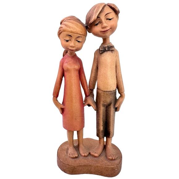 Anri Carved Folk Art Vtg Girl Boy Woman Man Statue Mini Figurine Handmade Brown